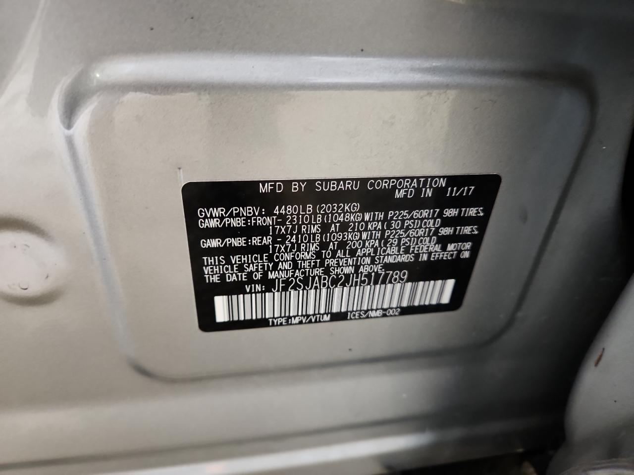 2018 Subaru Forester 2.5I VIN: JF2SJABC2JH517789 Lot: 85313715