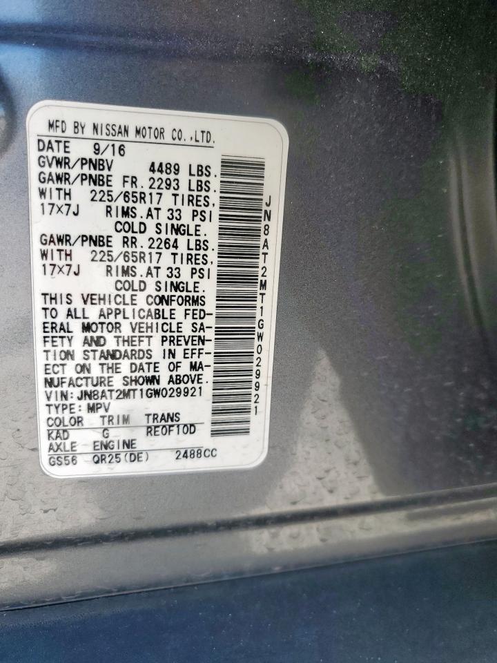 2016 Nissan Rogue S VIN: JN8AT2MT1GW029921 Lot: 86505275