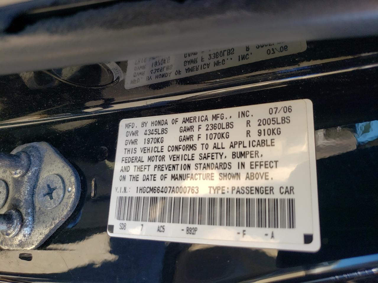 2007 Honda Accord Se VIN: 1HGCM66407A000763 Lot: 85012255