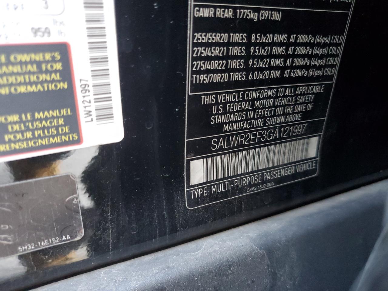 2016 Land Rover Range Rover Sport Sc VIN: SALWR2EF3GA121997 Lot: 86242165