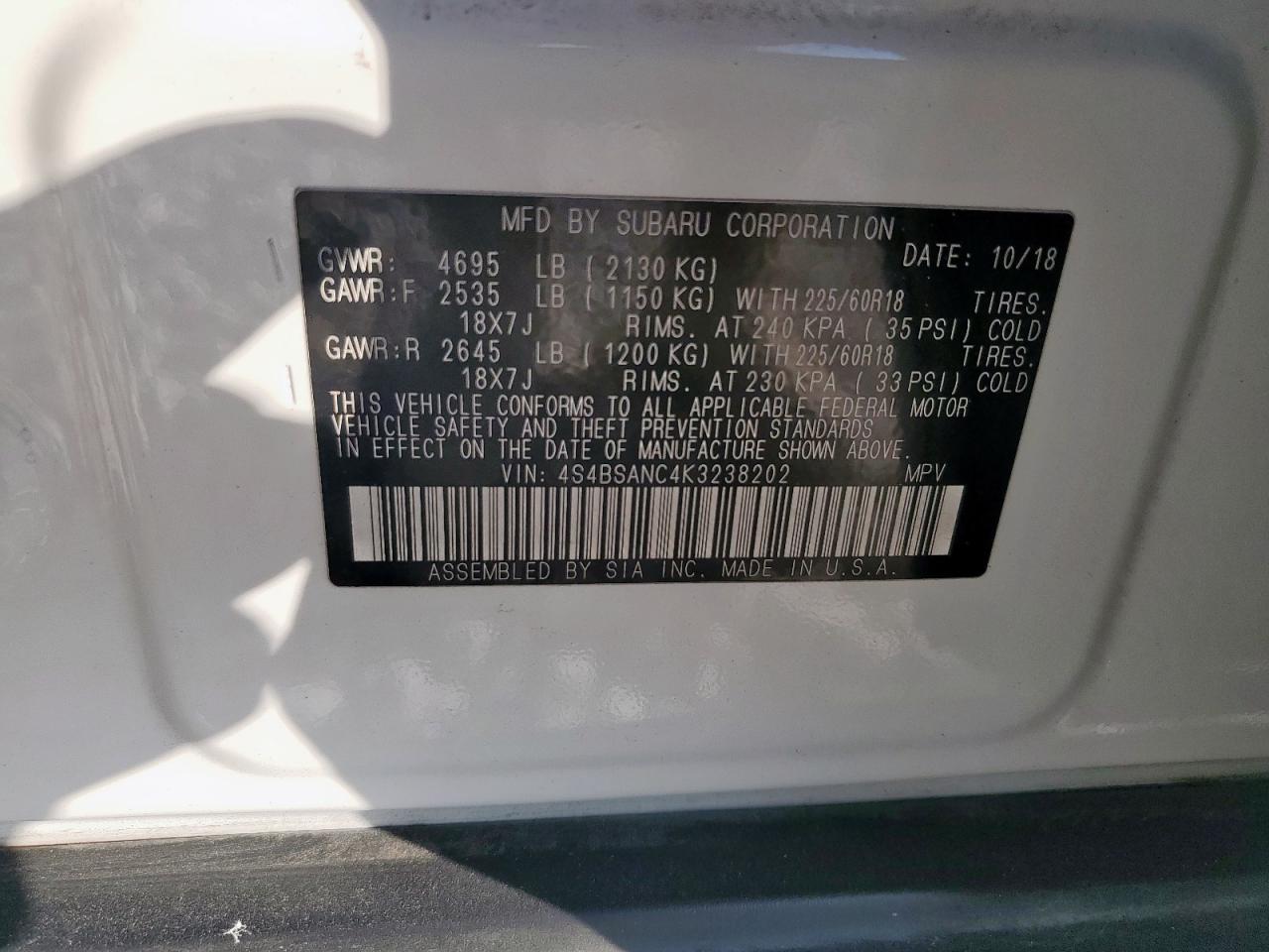 2019 Subaru Outback 2.5I Limited VIN: 4S4BSANC4K3238202 Lot: 85494735