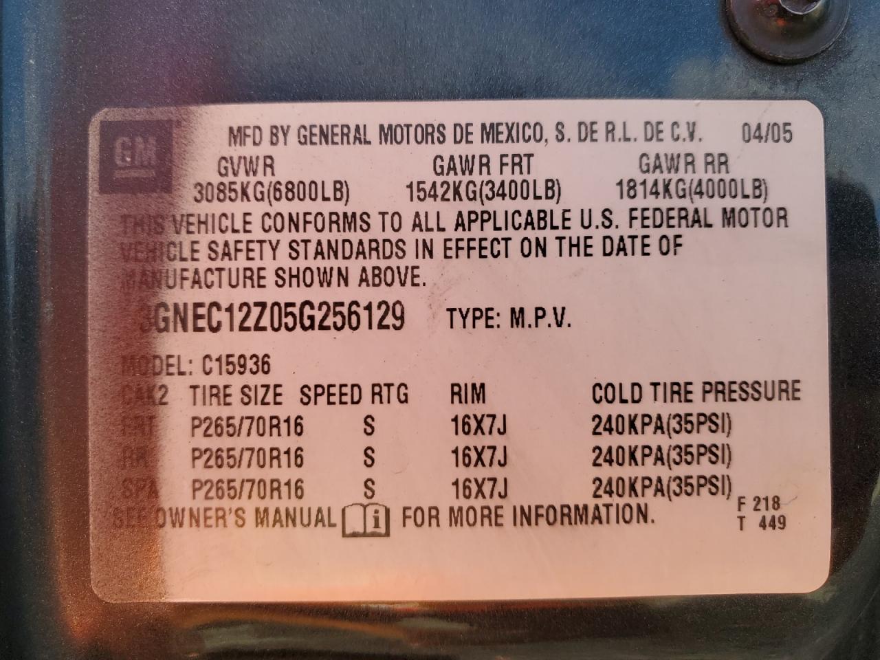 2005 Chevrolet Avalanche C1500 VIN: 3GNEC12Z05G256129 Lot: 81736275