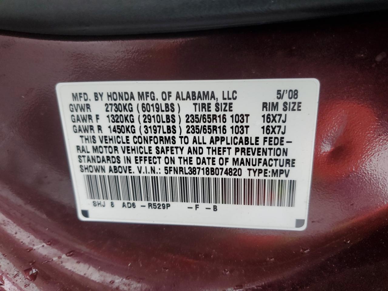 2008 Honda Odyssey Exl VIN: 5FNRL38718B074820 Lot: 86425325
