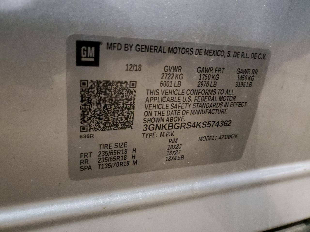 2019 Chevrolet Blazer 2Lt VIN: 3GNKBGRS4KS574362 Lot: 86235455