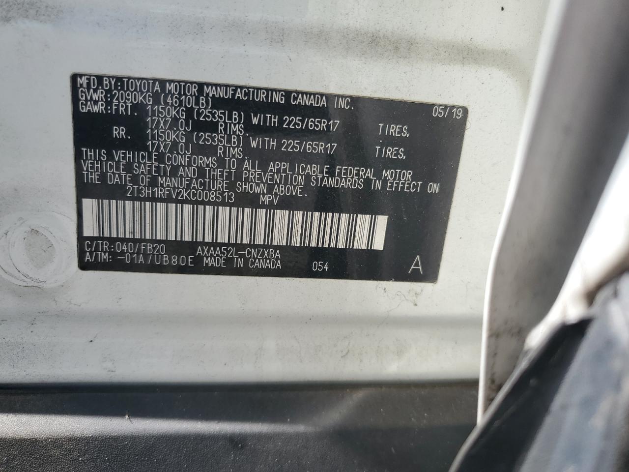 2019 Toyota Rav4 Le VIN: 2T3H1RFV2KC008513 Lot: 85565385