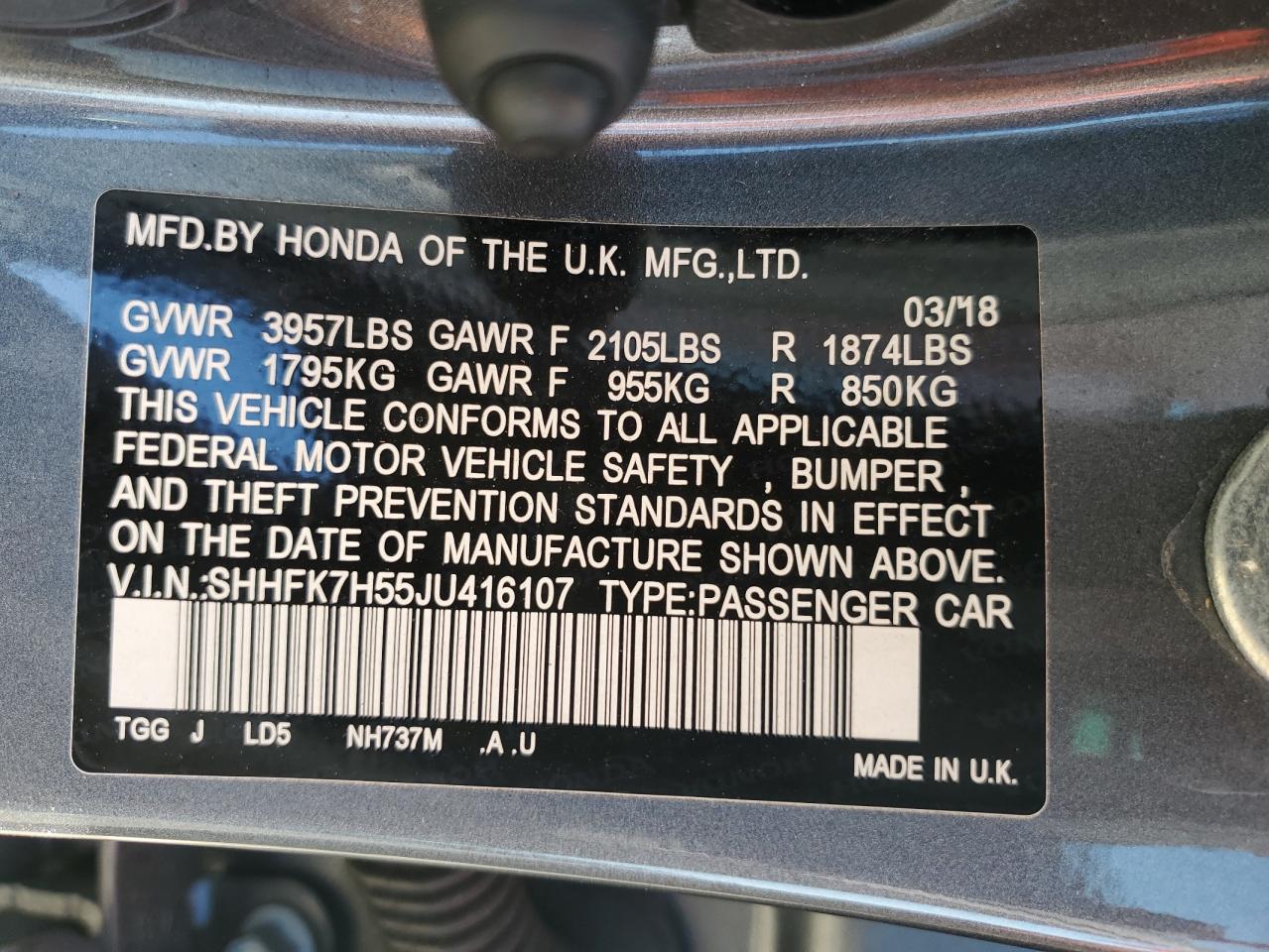 2018 Honda Civic Ex VIN: SHHFK7H55JU416107 Lot: 81826455