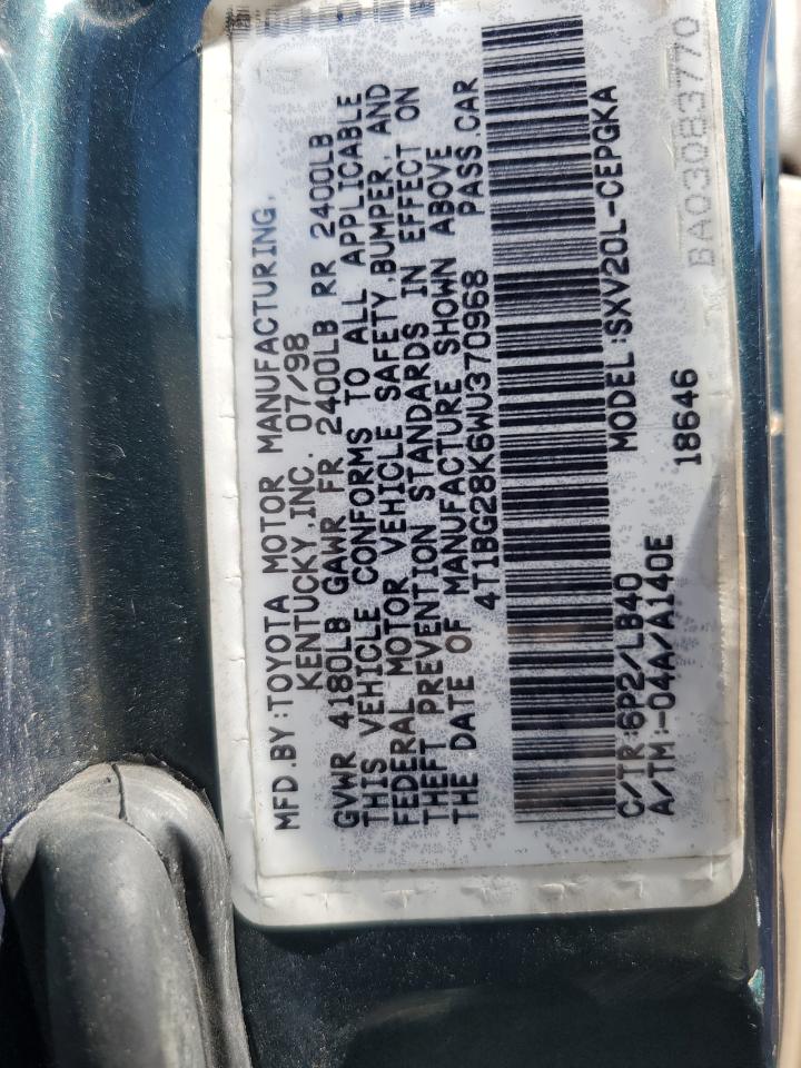 1998 Toyota Camry Ce VIN: 4T1BG28K6WU370968 Lot: 84880935