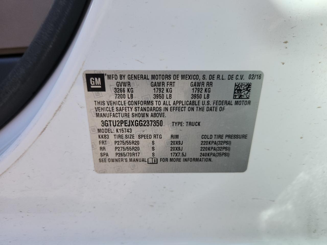 2016 GMC Sierra K1500 Denali VIN: 3GTU2PEJXGG237350 Lot: 89698785