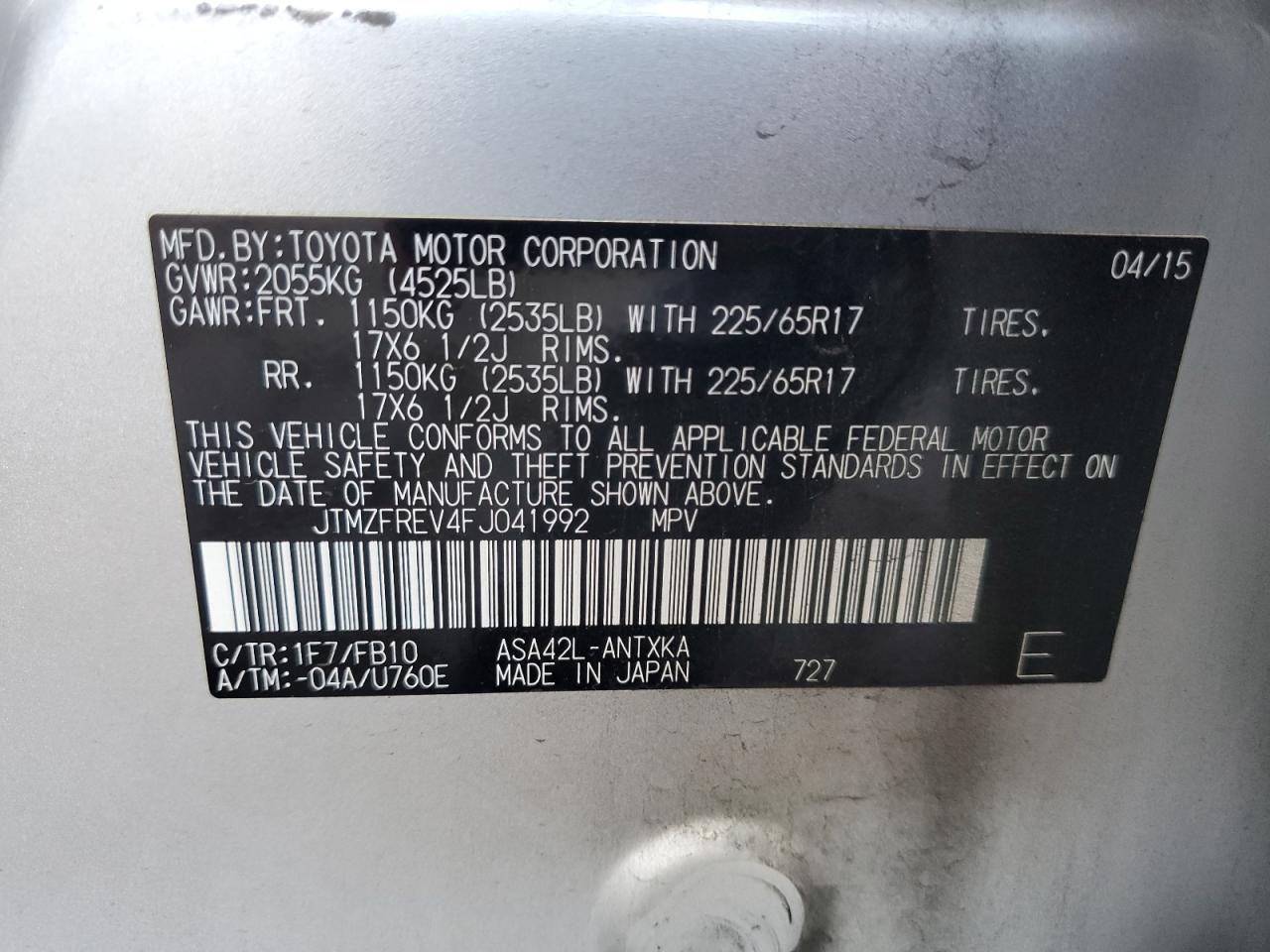 2015 Toyota Rav4 Le VIN: JTMZFREV4FJ041992 Lot: 82206695