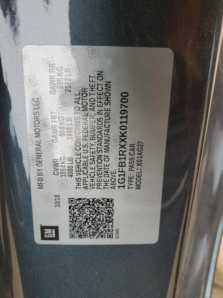 2019 Chevrolet Camaro Ls VIN: 1G1FB1RXXK0119700 Lot: 85003715