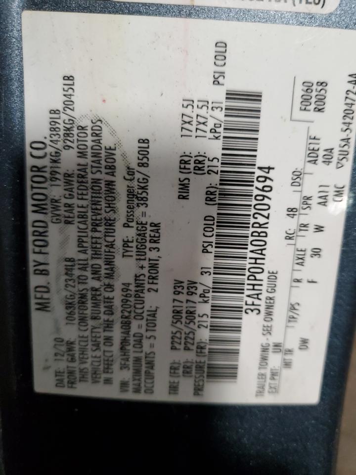 2011 Ford Fusion Se VIN: 3FAHP0HA0BR209694 Lot: 86671955