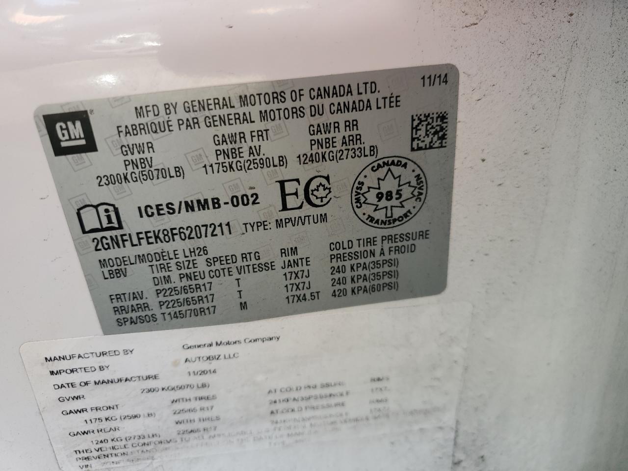 2015 Chevrolet Equinox Lt VIN: 2GNFLFEK8F6207211 Lot: 84375745