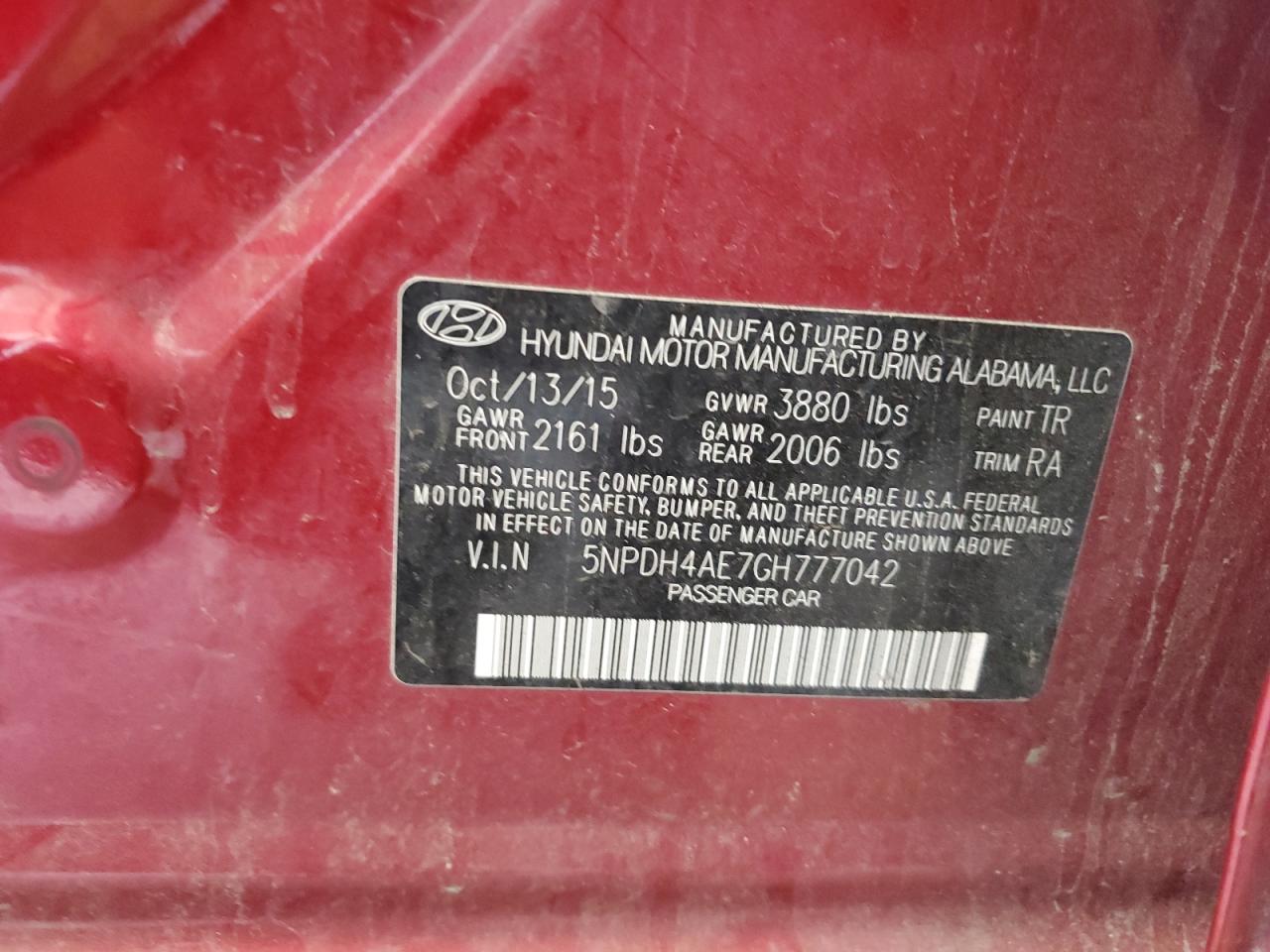 2016 Hyundai Elantra Se VIN: 5NPDH4AE7GH777042 Lot: 86123145