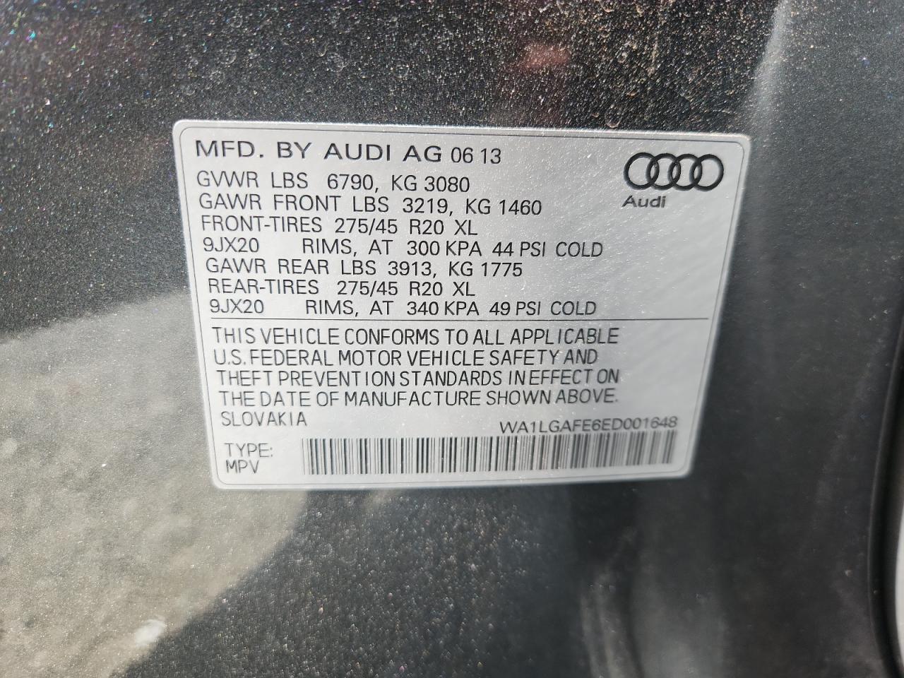 2014 Audi Q7 Premium Plus VIN: WA1LGAFE6ED001648 Lot: 81150785