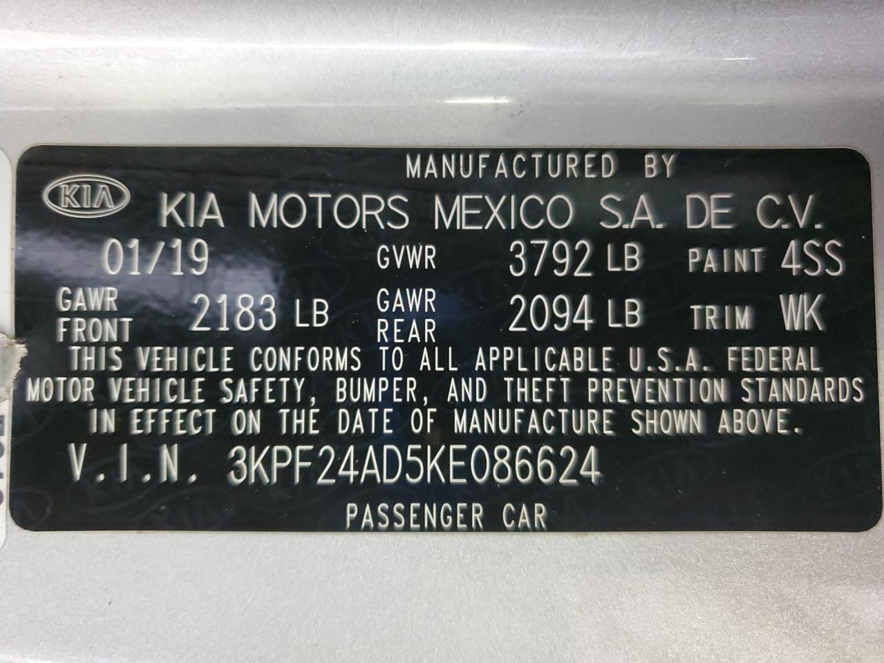 2019 Kia Forte Fe VIN: 3KPF24AD5KE086624 Lot: 85305515