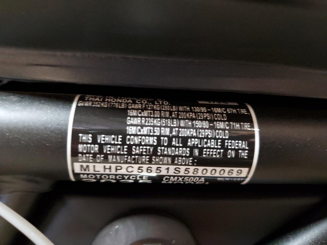 2025 Honda Cmx500 A VIN: MLHPC5651S5800069 Lot: 90016845