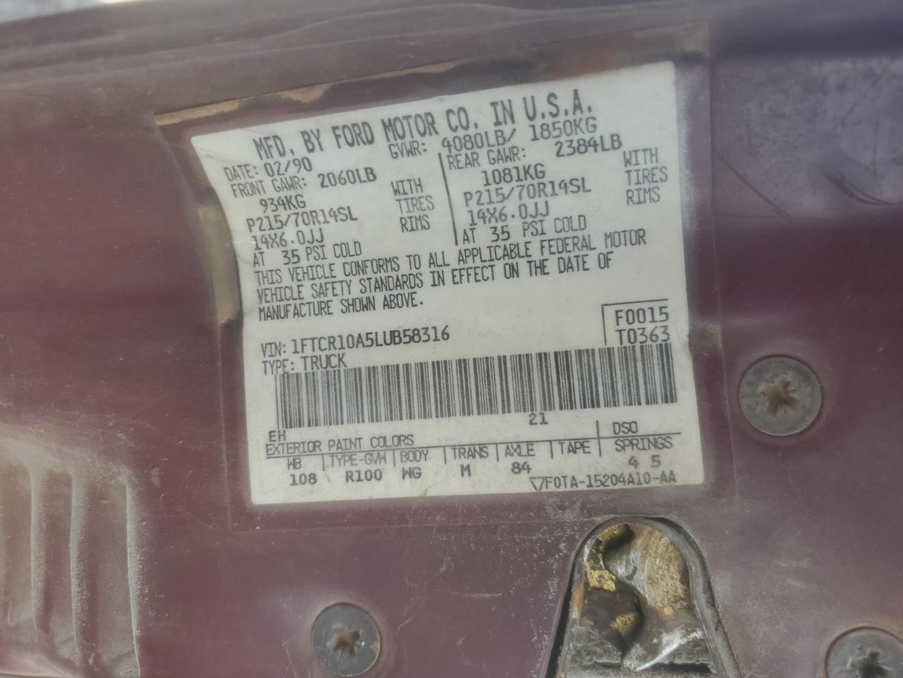 1990 Ford Ranger VIN: 1FTCR10A5LUB58316 Lot: 85727055