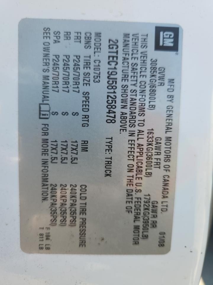 2008 GMC Sierra C1500 VIN: 2GTEC19J581258478 Lot: 90265605