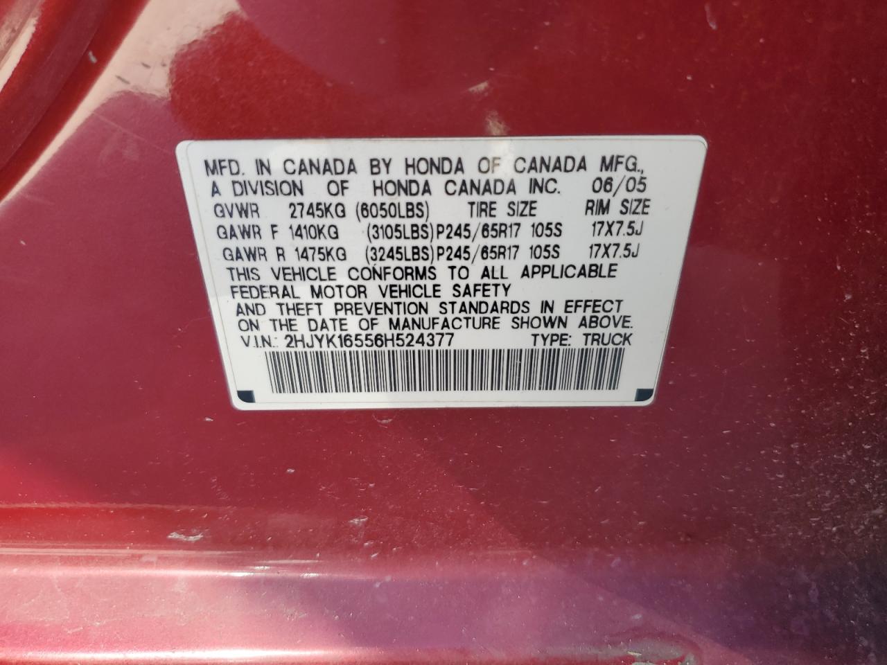 2006 Honda Ridgeline Rtl VIN: 2HJYK16556H524377 Lot: 89513815