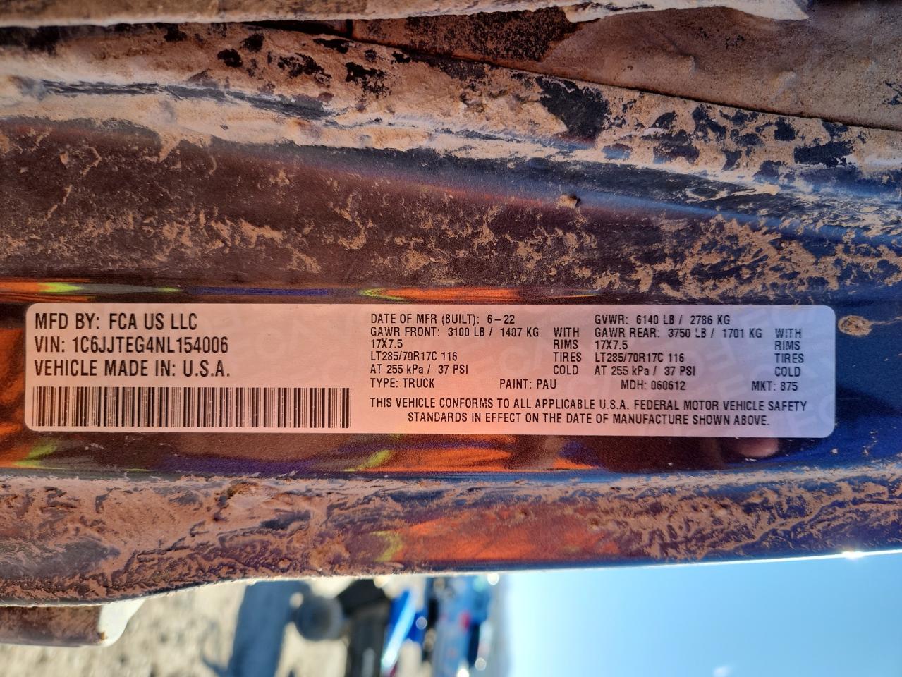 2022 Jeep Gladiator Mojave VIN: 1C6JJTEG4NL154006 Lot: 87231905