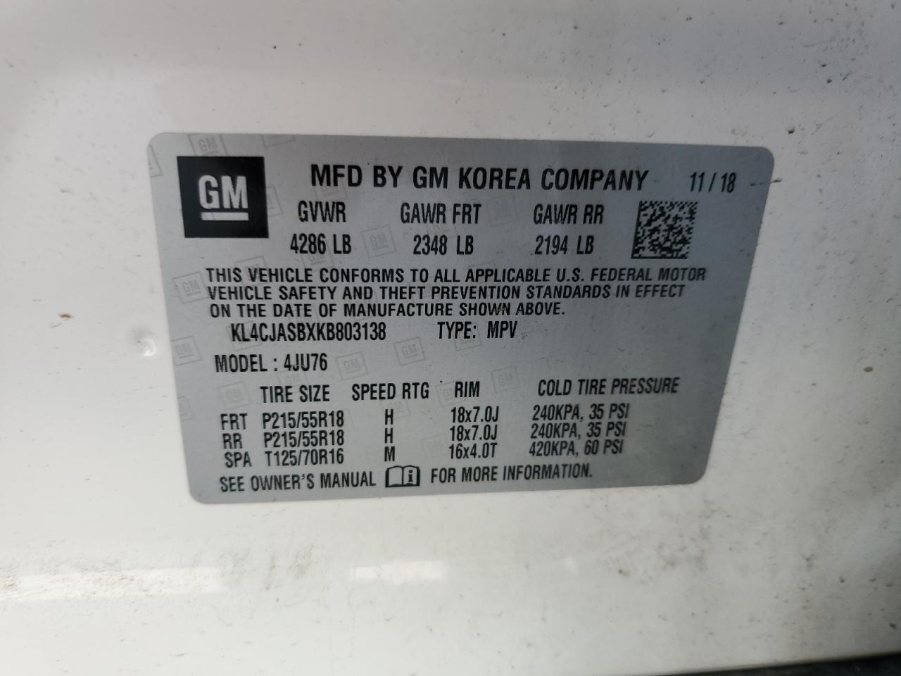2019 Buick Encore Preferred VIN: KL4CJASBXKB803138 Lot: 85548255