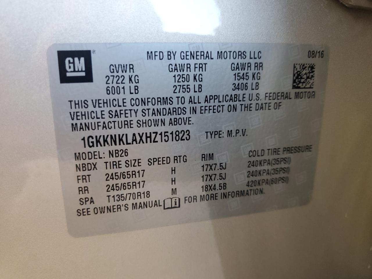 2017 GMC Acadia Sle VIN: 1GKKNKLAXHZ151823 Lot: 86514965