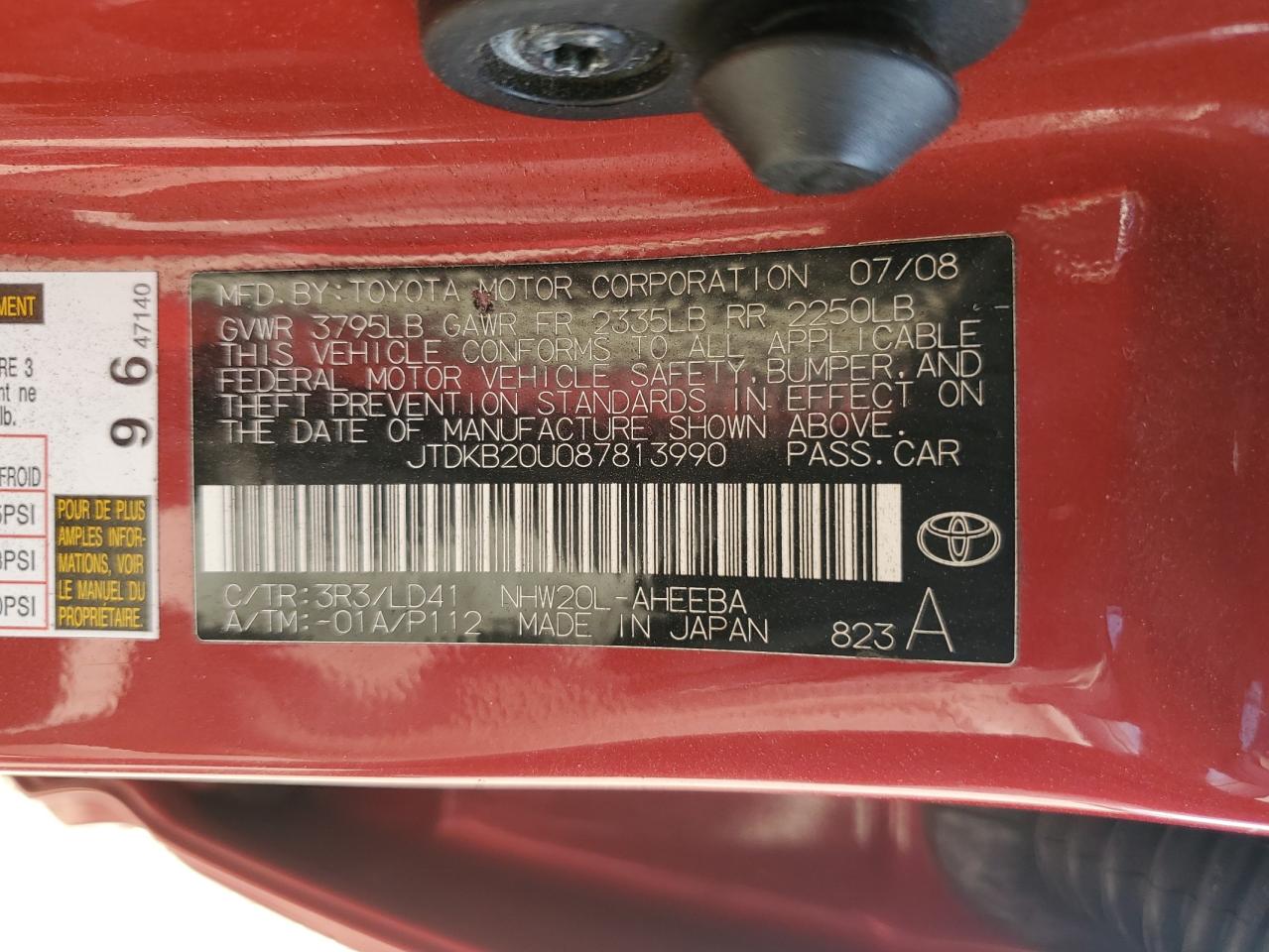 2008 Toyota Prius VIN: JTDKB20U087813990 Lot: 85543425