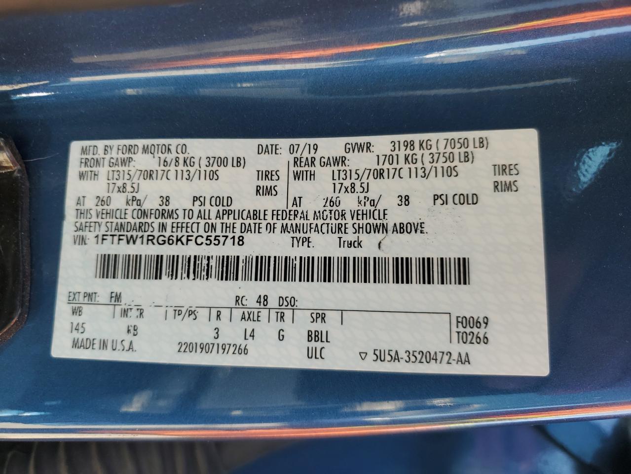 2019 Ford F150 Raptor VIN: 1FTFW1RG6KFC55718 Lot: 86590475