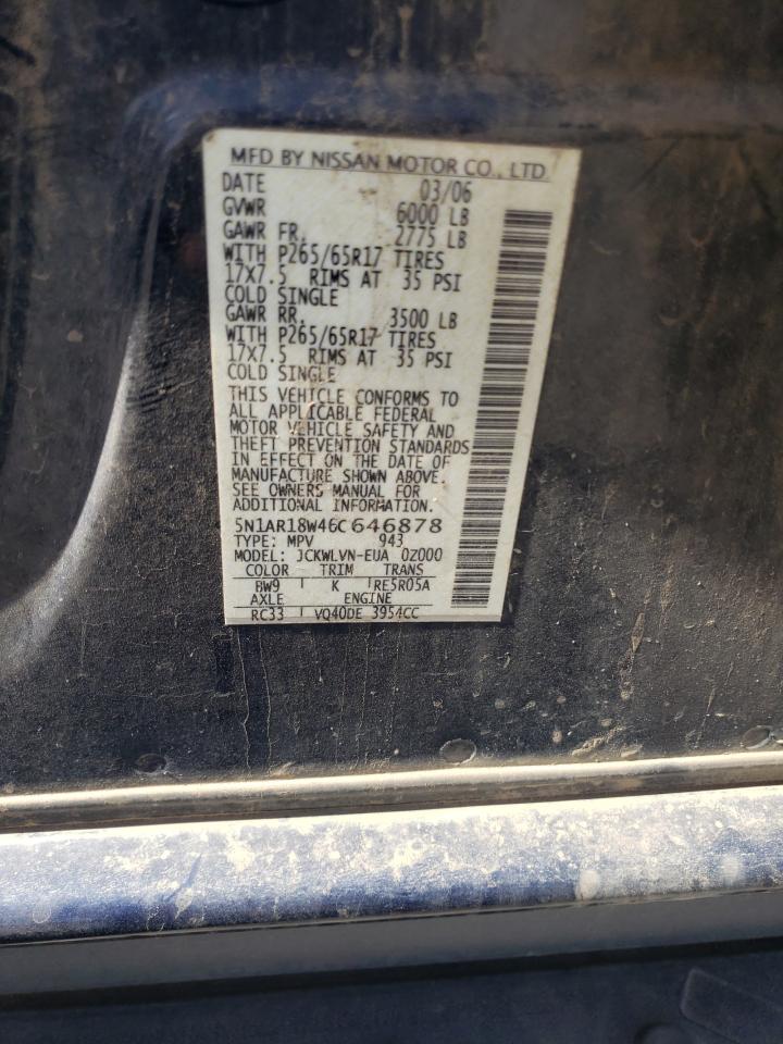 2006 Nissan Pathfinder Le VIN: 5N1AR18W46C646878 Lot: 82276735