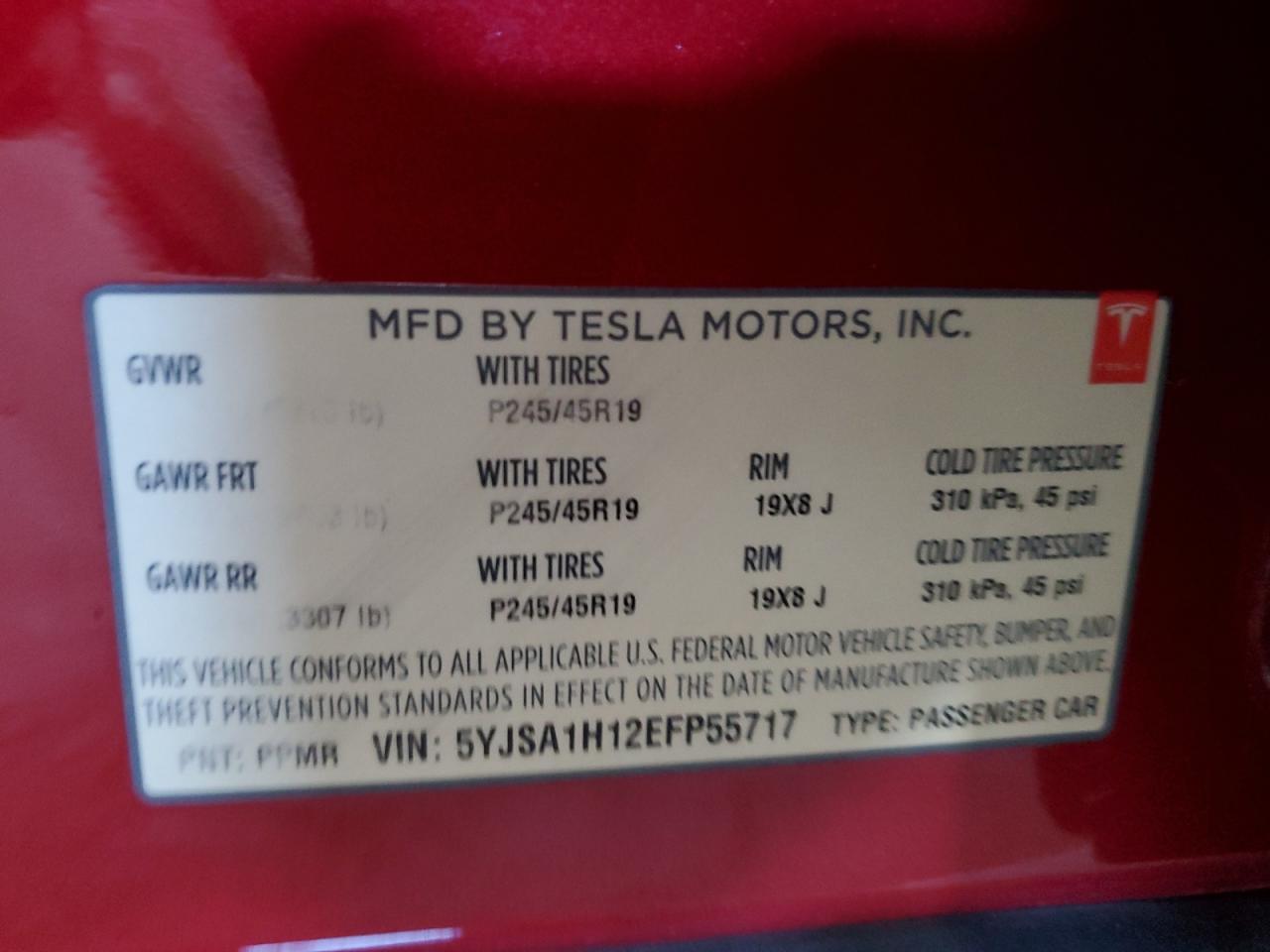 2014 Tesla Model S VIN: 5YJSA1H12EFP55717 Lot: 86889435
