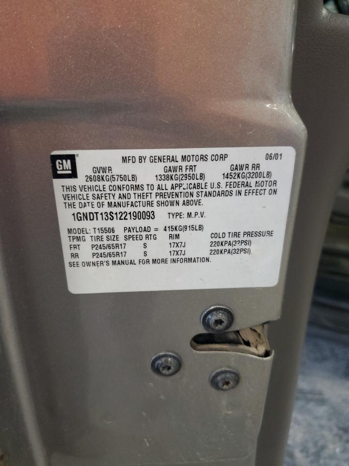 2002 Chevrolet Trailblazer VIN: 1GNDT13S122190093 Lot: 84813275