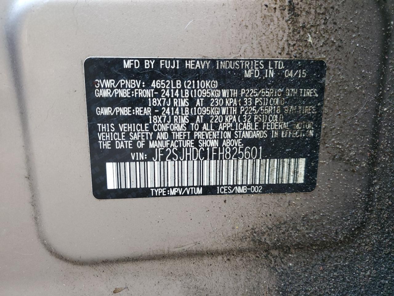 2015 Subaru Forester 2.0Xt Premium VIN: JF2SJHDC1FH825601 Lot: 85849935