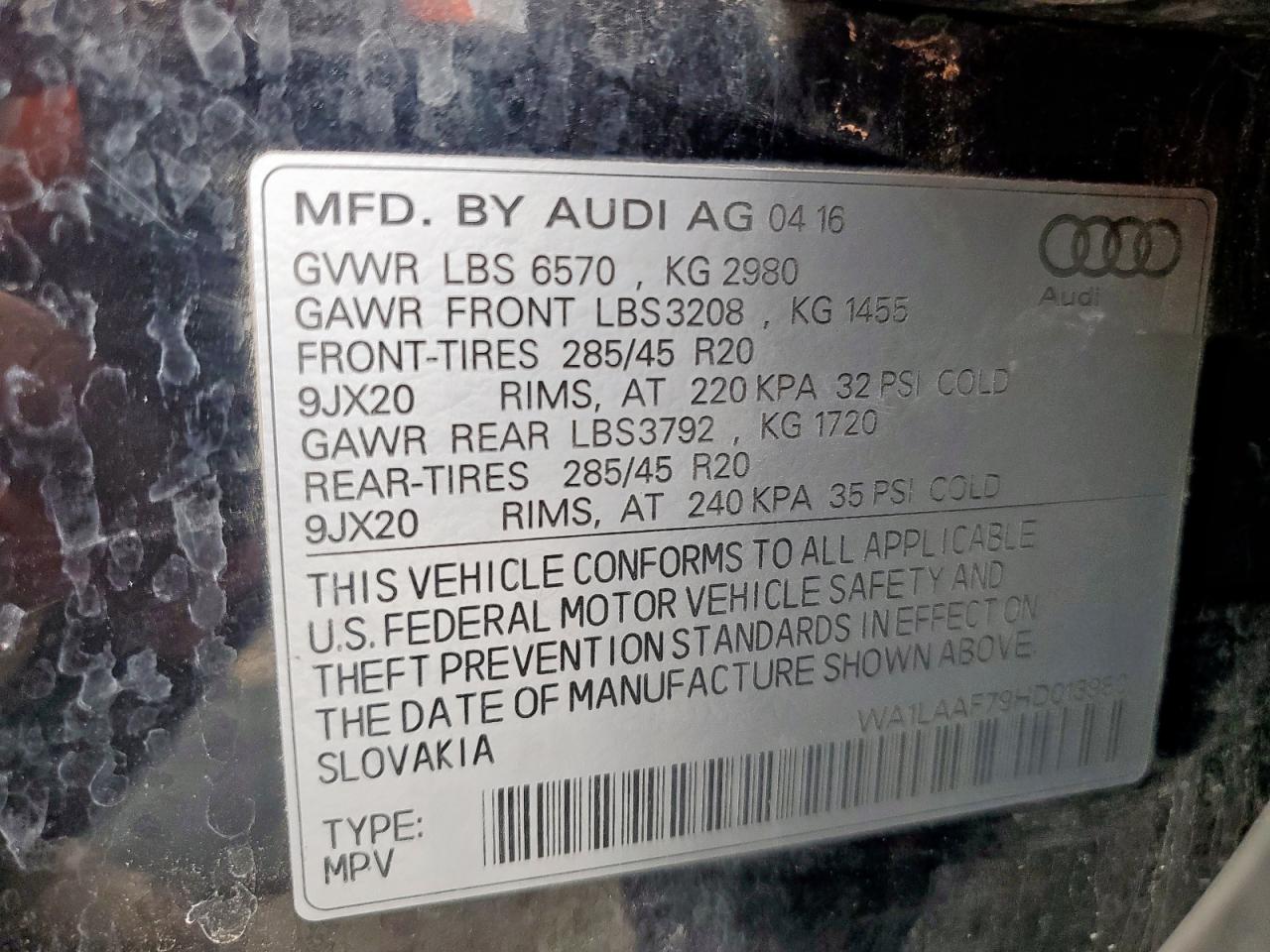 2017 Audi Q7 Premium Plus VIN: WA1LAAF79HD013980 Lot: 85391015