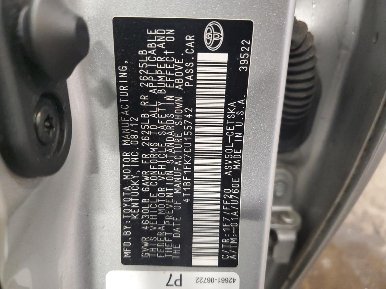 2012 Toyota Camry Base VIN: 4T1BF1FK7CU155742 Lot: 85783435