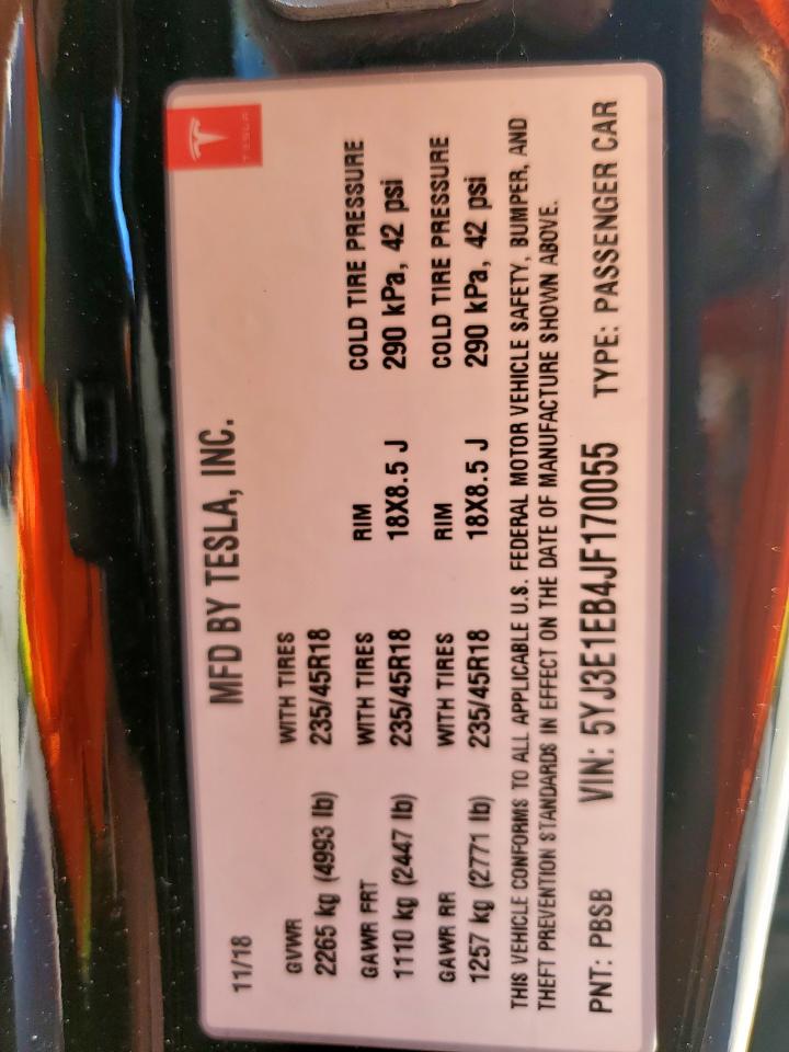 2018 Tesla Model 3 VIN: 5YJ3E1EB4JF170055 Lot: 85122035