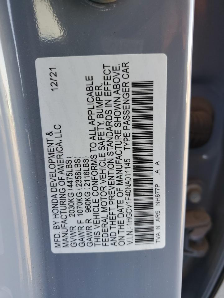 2022 Honda Accord Sport Se VIN: 1HGCV1F40NA011145 Lot: 82657445