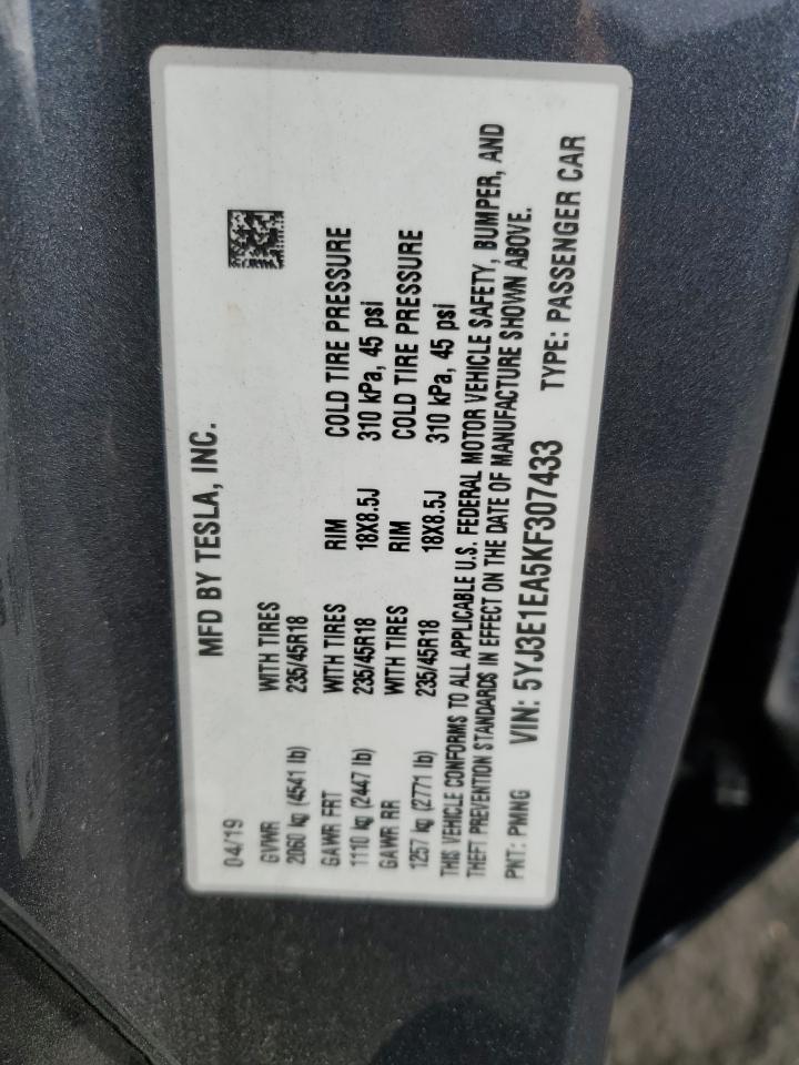 2019 Tesla Model 3 VIN: 5YJ3E1EA5KF307433 Lot: 86804655