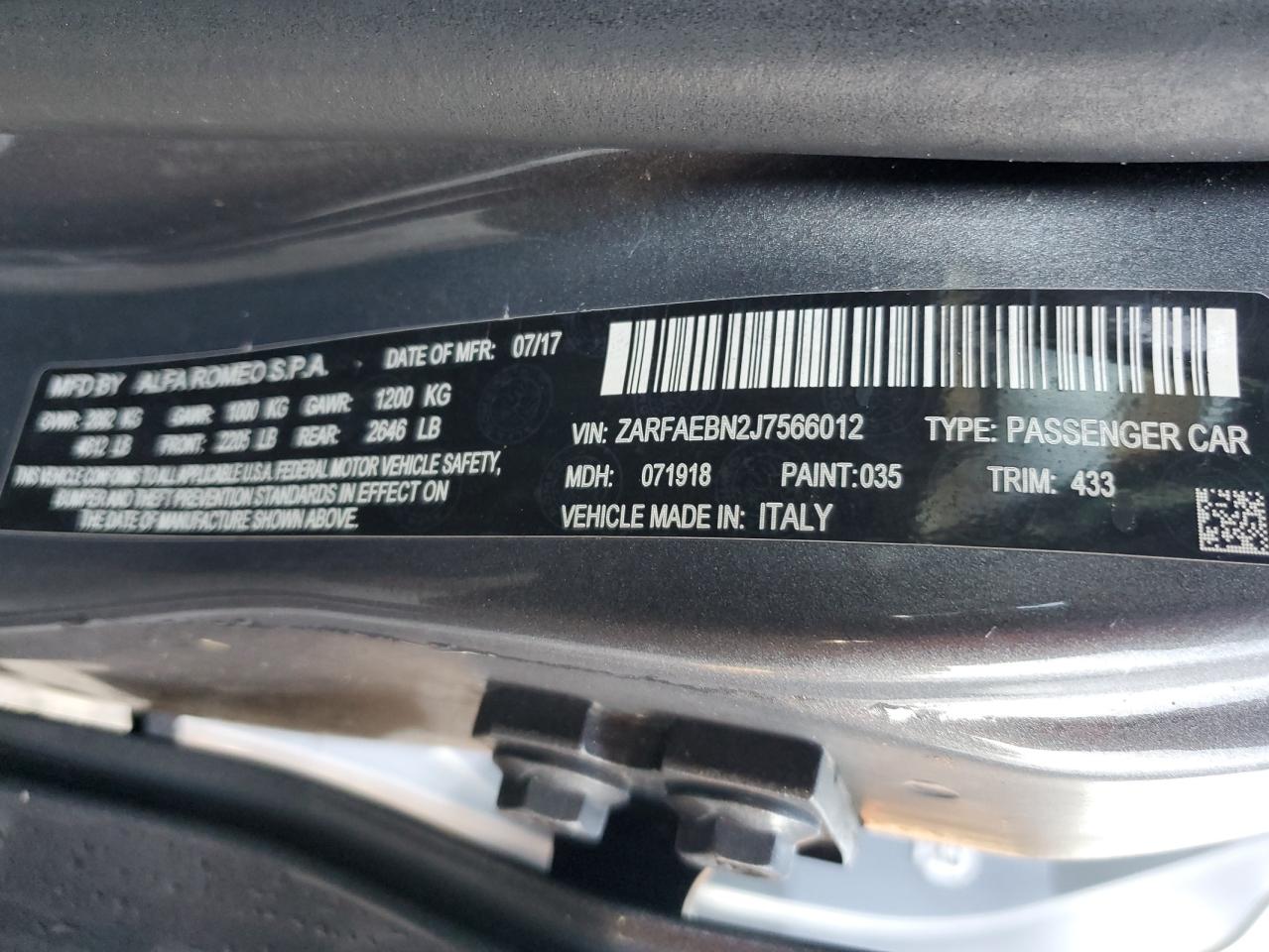 2018 Alfa Romeo Giulia VIN: ZARFAEBN2J7566012 Lot: 90335785