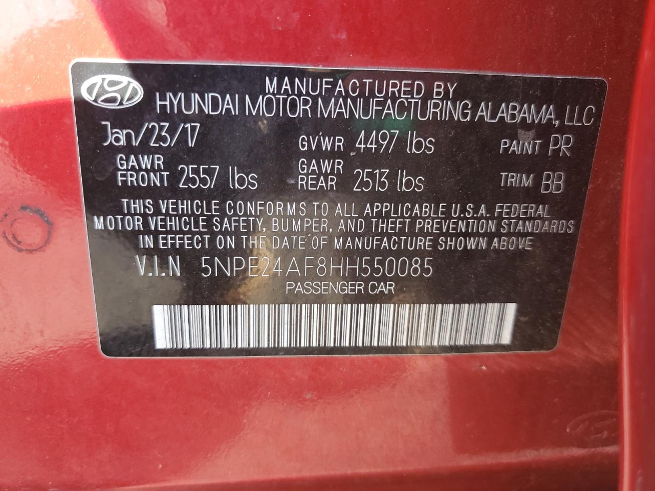 2017 Hyundai Sonata Se VIN: 5NPE24AF8HH550085 Lot: 85317685