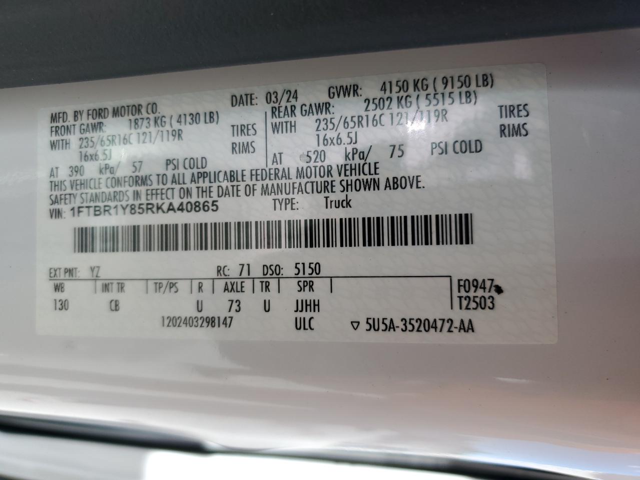 2024 Ford Transit T-250 VIN: 1FTBR1Y85RKA40865 Lot: 84647145