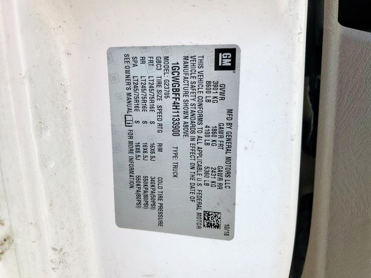 2017 Chevrolet Express G2500 VIN: 1GCWGBFF4H1133900 Lot: 84465715