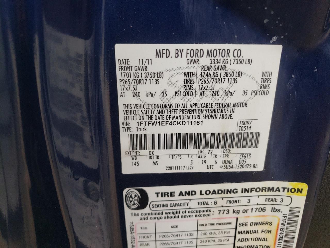 2012 Ford F150 Supercrew VIN: 1FTFW1EF4CKD11161 Lot: 82774575