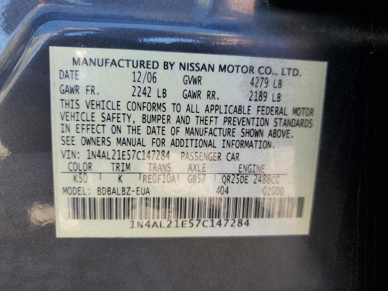 2007 Nissan Altima 2.5 VIN: 1N4AL21E57C147284 Lot: 81941635