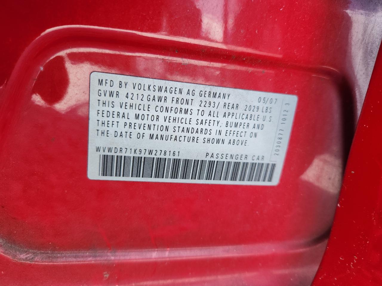 2007 Volkswagen Rabbit VIN: WVWDR71K97W278161 Lot: 87435235