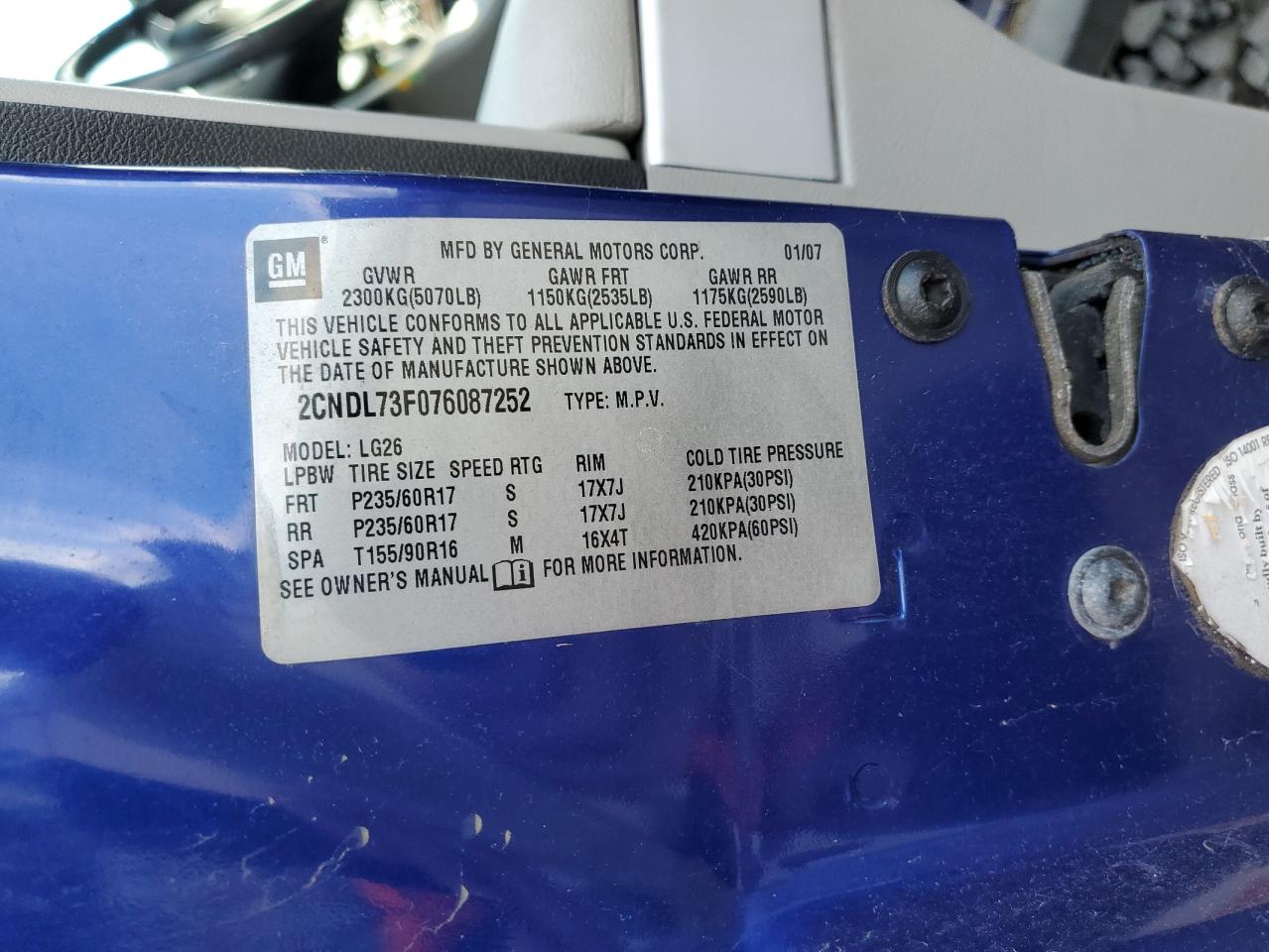 2018 Chevrolet Equinox Lt VIN: 2CNDL73F076087252 Lot: 85104865