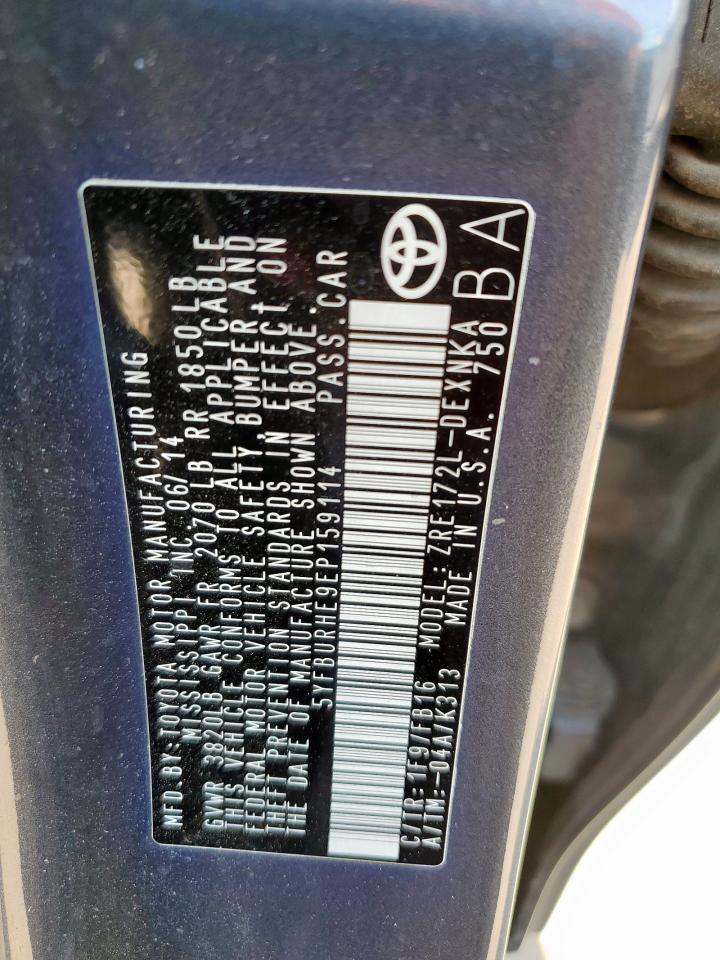 2014 Toyota Corolla L VIN: 5YFBURHE9EP159114 Lot: 84394525