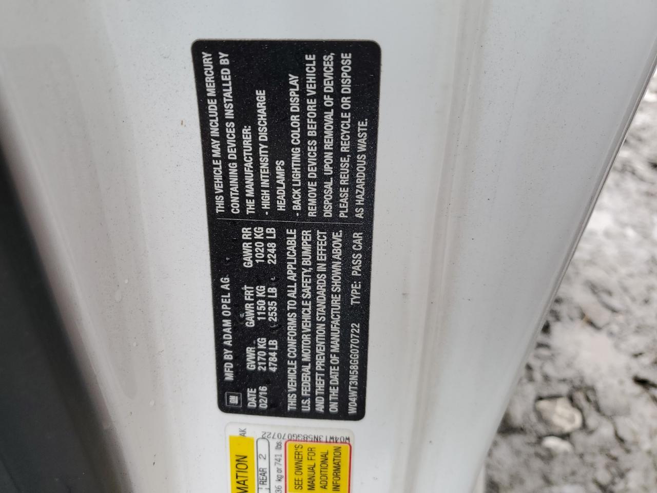 2016 Buick Cascada Premium VIN: W04WT3N58GG070722 Lot: 89862015