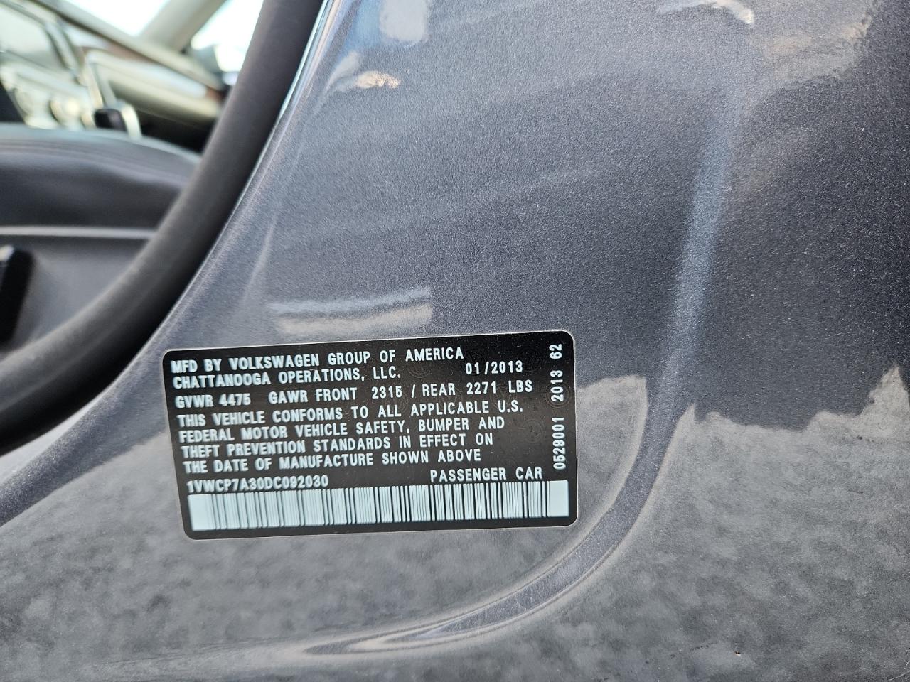 2013 Volkswagen Passat Sel VIN: 1VWCP7A30DC092030 Lot: 86894095