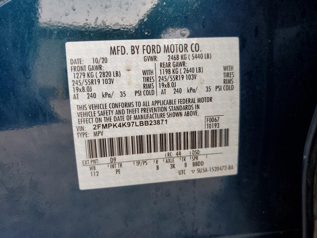 2020 Ford Edge Titanium VIN: 2FMPK4K97LBB23871 Lot: 86681555