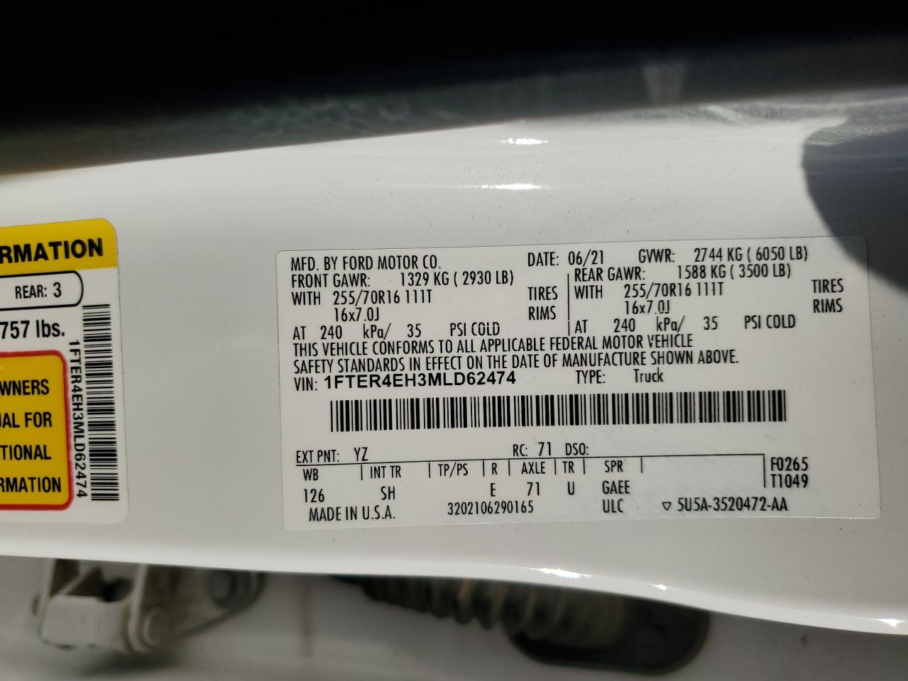 2021 Ford Ranger Xl VIN: 1FTER4EH3MLD62474 Lot: 85935195